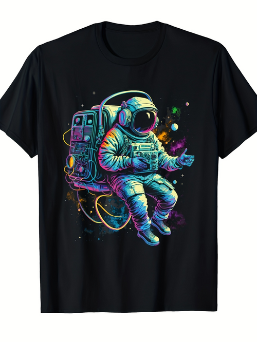 Men's Graphic T-Shirt Colorful Cosmic Glow Surrounding A Floating Astronaut In Deep Space