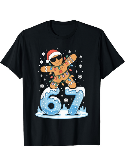 Men's Graphic T-Shirt Gingerbread Man Wearing Sunglasses Dancing With Christmas Lights Among Falling Snowflakes