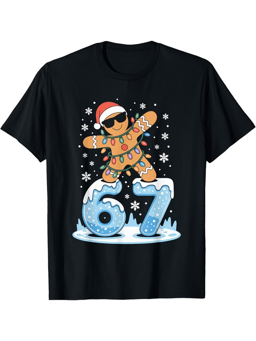 Men's Graphic T-Shirt Gingerbread Man Wearing Sunglasses Dancing With Christmas Lights Among Falling Snowflakes