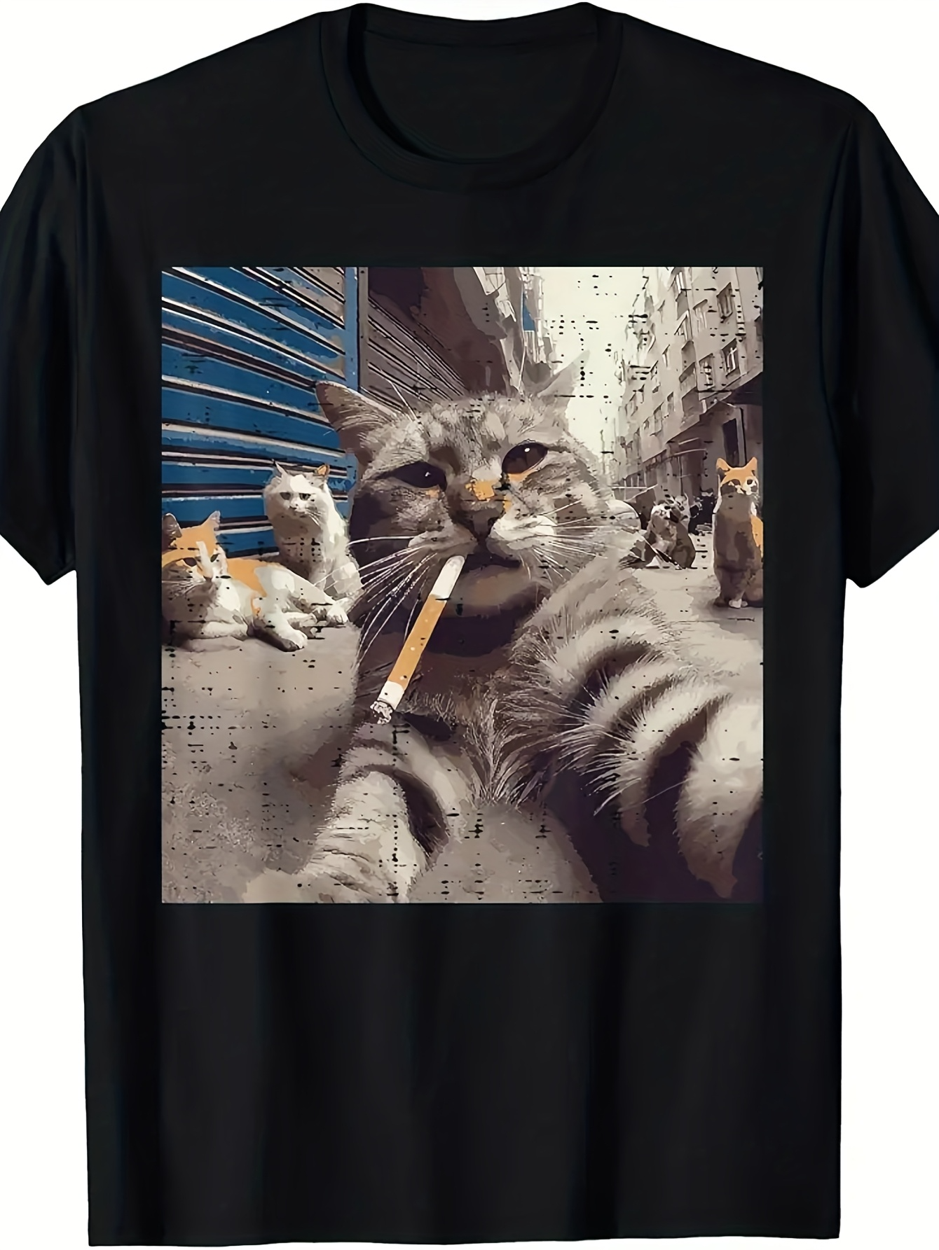 Men's Graphic T-Shirt Urban Alleyway With Selfie Taking Smoking Cat