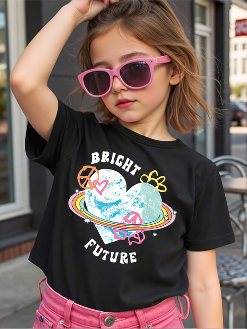 Men's Graphic T-Shirt Bright Future Colorful Planet Rings Around Shining Blue Heart