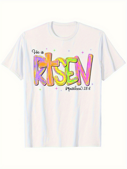 Men's Graphic T-Shirt He Is Risen Watercolor Style Pastel Lettering With Small Dots Christian Verse T Shirt