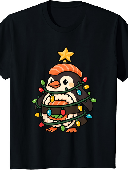 Men's Graphic T-Shirt Christmas Lights Twinkling Around Sushi Themed Holiday Penguin