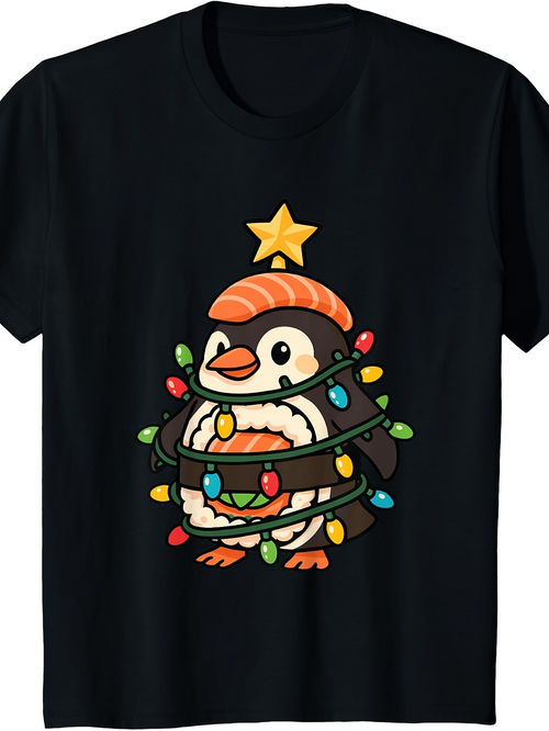 Men's Graphic T-Shirt Christmas Lights Twinkling Around Sushi Themed Holiday Penguin