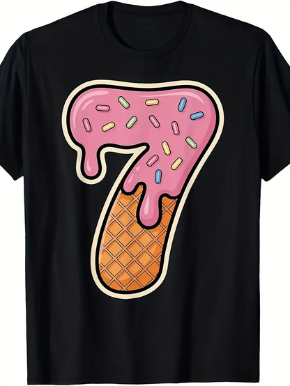 Men's Graphic T-Shirt Waffle Cone Pattern With Pink Frosting Dripping Rainbow Sprinkles Number Seven