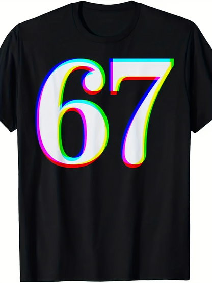 Men's Graphic T-Shirt Retro Glitch Colorful Effect On Large Number Sixty Seven