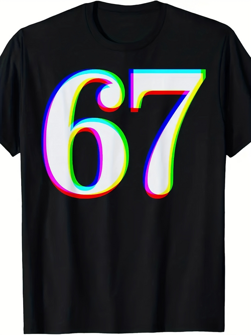 Men's Graphic T-Shirt Retro Glitch Colorful Effect On Large Number Sixty Seven