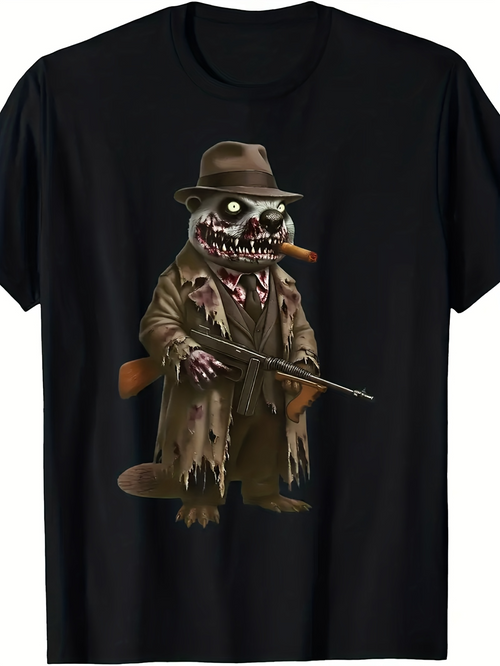Men's Graphic T-Shirt Sinister Night With Zombie Dressed In Torn Trenchcoat Smoking Cigar Holding Rifle Raccoon