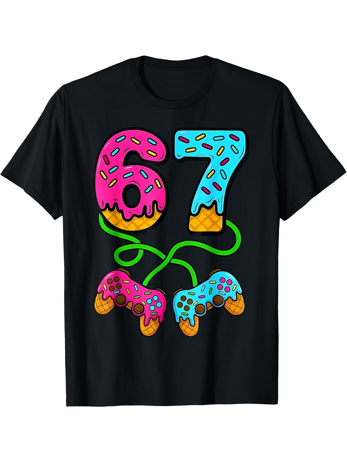 Men's Graphic T-Shirt Colorful Sprinkle Design With Donut Numbers And Game Controllers