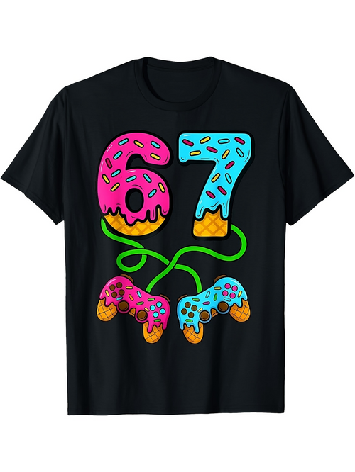 Men's Graphic T-Shirt Colorful Sprinkle Design With Donut Numbers And Game Controllers