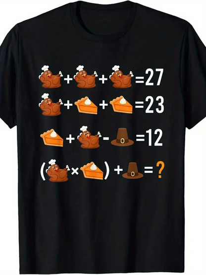 Men's Graphic T-Shirt Thanksgiving Turkey And Pie Math Puzzle Under Pilgrim Hat