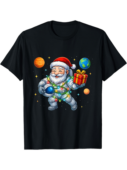 Men's Graphic T-Shirt Festive Santa In Spacesuit Holding Gift Among Colorful Planets
