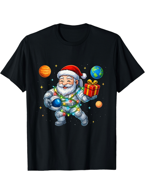 Men's Graphic T-Shirt Festive Santa In Spacesuit Holding Gift Among Colorful Planets