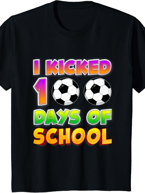 Men's Graphic T-Shirt I Kicked One Hundred Days Of School With Soccer Balls And Colorful Neon Letters