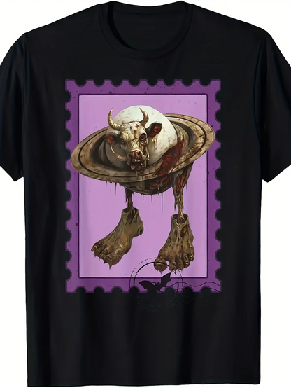 Men's Graphic T-Shirt Surreal Floating Cow Emerging From Purple Postage Stamp Portal
