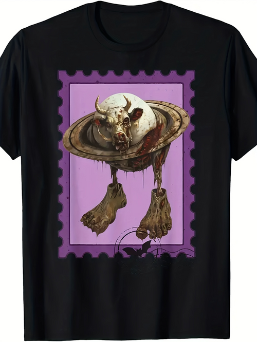 Men's Graphic T-Shirt Surreal Floating Cow Emerging From Purple Postage Stamp Portal