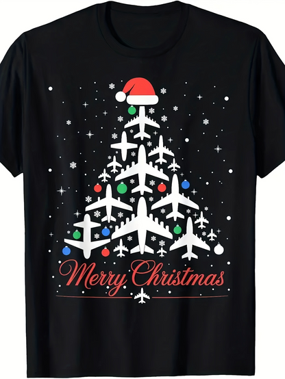 Men's Graphic T-Shirt Merry Christmas Santa Hat With Airplanes Forming Christmas Tree