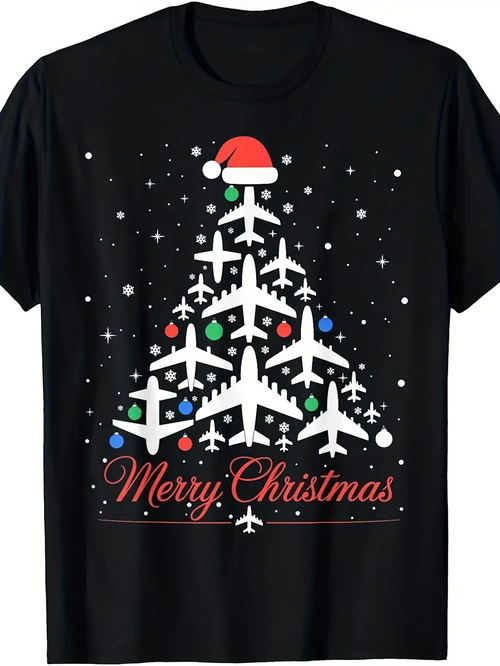 Men's Graphic T-Shirt Merry Christmas Santa Hat With Airplanes Forming Christmas Tree