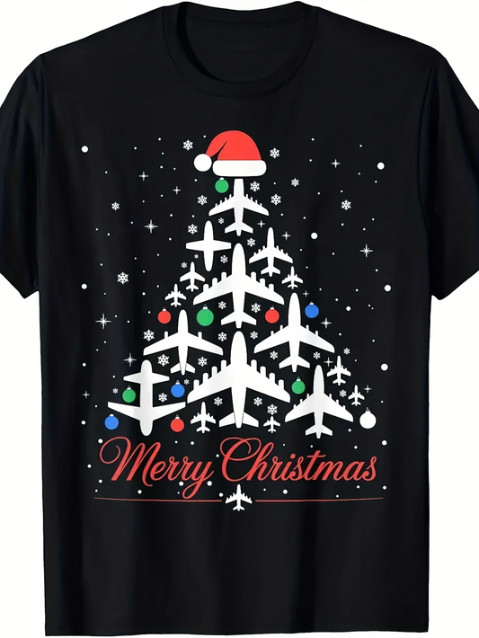 Men's Graphic T-Shirt Merry Christmas Santa Hat With Airplanes Forming Christmas Tree