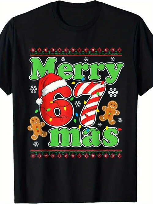 Men's Graphic T-Shirt Merry Christmas With Candy Cane Gingerbread And Snowflakes Shirt
