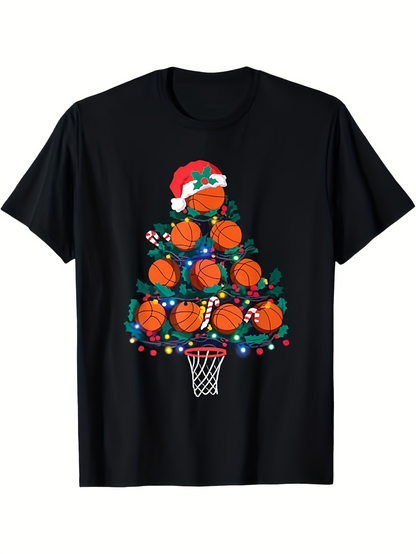 Men's Graphic T-Shirt Festive Christmas Tree With Basketballs Santa Hat And Holiday Lights