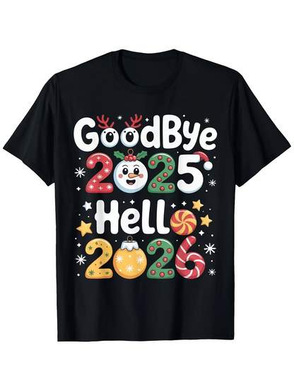 Men's Graphic T-Shirt Goodbye 2025 Hello 2026 Festive Candy Pattern With Playful Holiday Decorations T Shirt