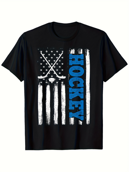 Men's Graphic T-Shirt Bold Blue Lettering On American Flag With Hockey Sticks Hockey