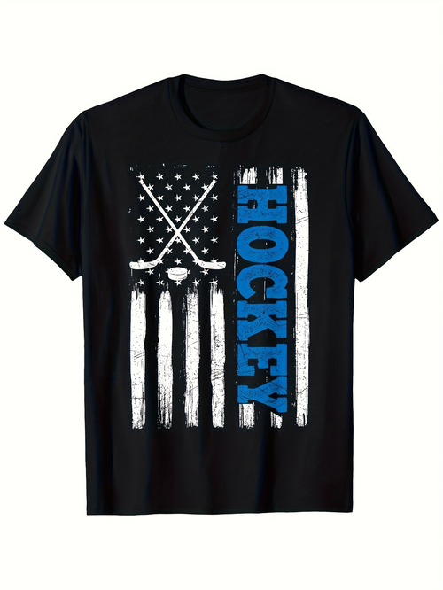 Men's Graphic T-Shirt Bold Blue Lettering On American Flag With Hockey Sticks Hockey