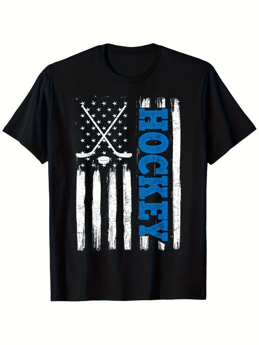 Men's Graphic T-Shirt Bold Blue Lettering On American Flag With Hockey Sticks Hockey