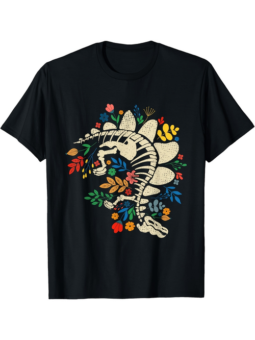 Men's Graphic T-Shirt Playful Floral Dino Surrounded By Colorful Blossoms And Leafy Shapes Dinosaur