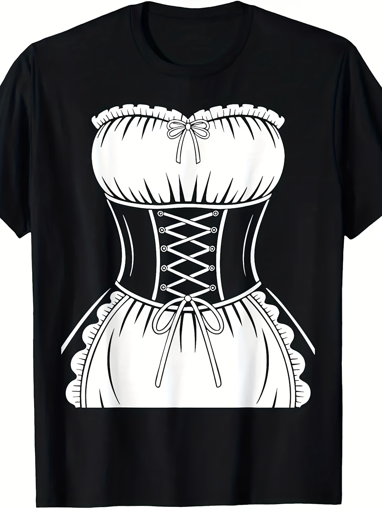 Men's Graphic T-Shirt Classic Maid Dress Costume Illustration With Ribbon Lace Detailing On Black Shirt