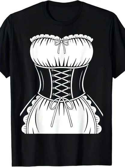 Men's Graphic T-Shirt Classic Maid Dress Costume Illustration With Ribbon Lace Detailing On Black Shirt