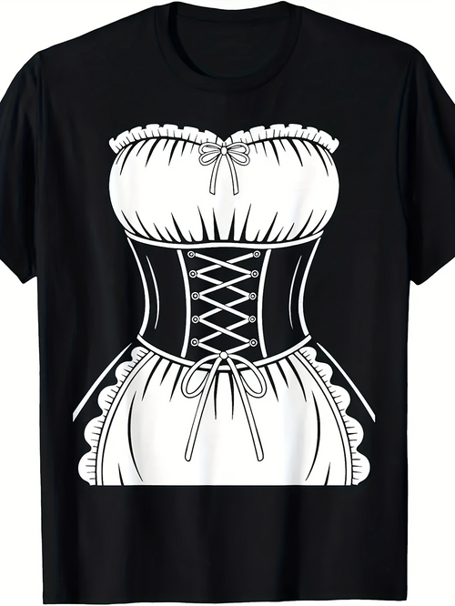 Men's Graphic T-Shirt Classic Maid Dress Costume Illustration With Ribbon Lace Detailing On Black Shirt