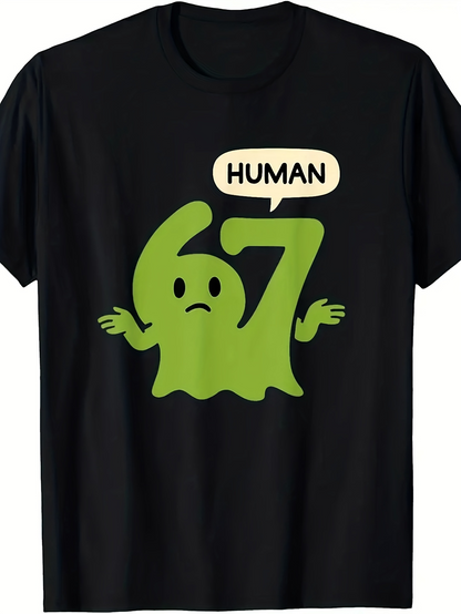 Men's Graphic T-Shirt Human Green Cartoon Character With Raised Hands On A Black Shirt