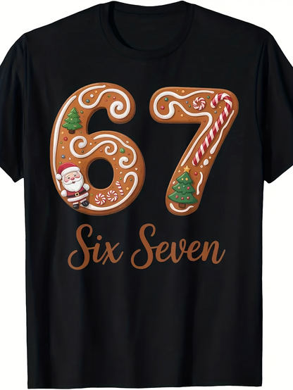 Men's Graphic T-Shirt Six Seven Festive Gingerbread Cookies With Santa And Candy Cane Number