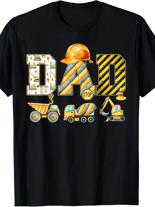 Men's Graphic T-Shirt Dad With Yellow Construction Vehicles And Roadwork Helmet Graphic