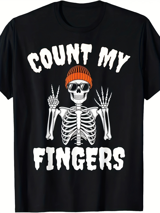 Men's Graphic T-Shirt Count My Fingers Skeleton With Orange Hat And Cool Sunglasses