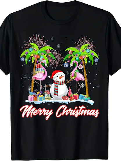Men's Graphic T-Shirt Merry Christmas Festive Snowman With Flamingos Under Tropical Palm Trees