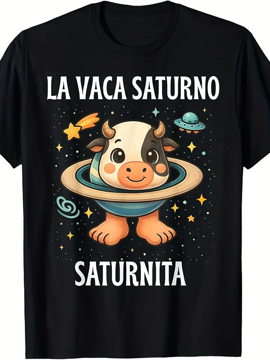 Men's Graphic T-Shirt Cartoon Planet Ring With Cute Smiling Cow Amid Whimsical Space Objects