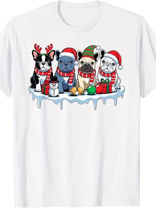Men's Graphic T-Shirt Festive Winter Holiday Dogs With Scarves And Santa Hats On Ice Shelf