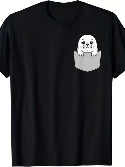 Men's Graphic T-Shirt Cute Cartoon Style Seal Peeking Out Of Front Pocket