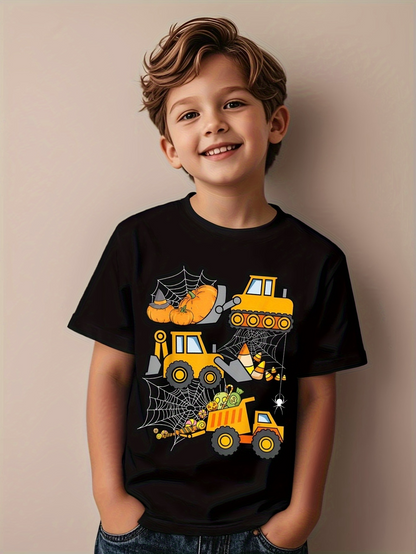 Men's Graphic T-Shirt Cartoon Construction Vehicles With Pumpkins And Halloween Spiderwebs Truck