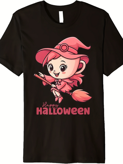 Men's Graphic T-Shirt Happy Halloween Pink Cartoon Witch Flying On Broomstick