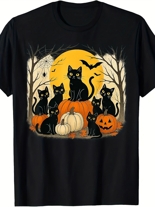Men's Graphic T-Shirt Halloween Night Pumpkins With Full Moon And Black Cats