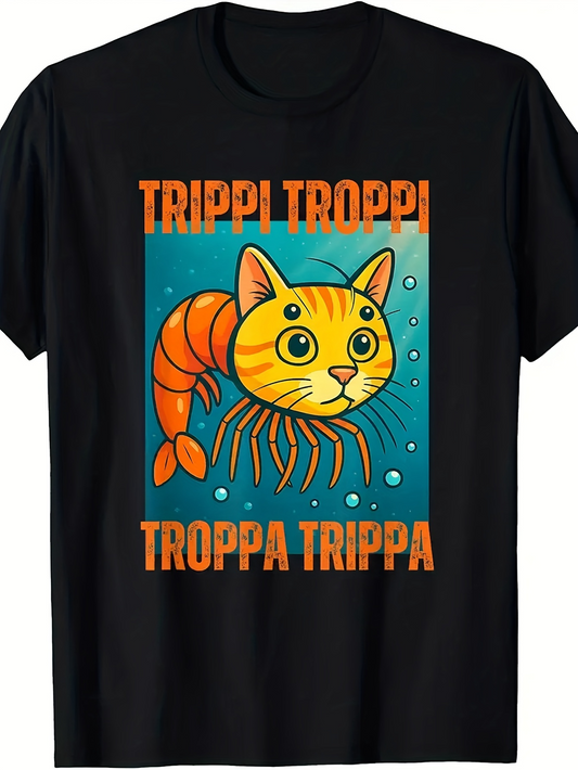 Men's Graphic T-Shirt Trippi Troppi Troppa Trippa With Whimsical Cartoon Cat Shrimp Fusion Surrounded By Bubbles