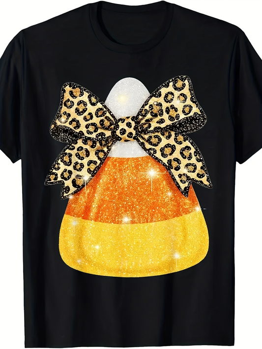 Men's Graphic T-Shirt Shimmering Leopard Print Bow With Sparkling Candy Corn Design