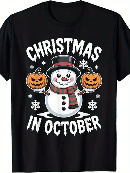 Men's Graphic T-Shirt Christmas In October Snowman Surrounded By Pumpkins And Falling Snowflakes