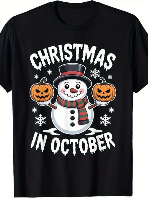 Men's Graphic T-Shirt Christmas In October Snowman Surrounded By Pumpkins And Falling Snowflakes