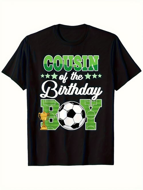 Men's Graphic T-Shirt Cousin Of The Birthday Boy With Green Letters And Soccer Trophy Graphic