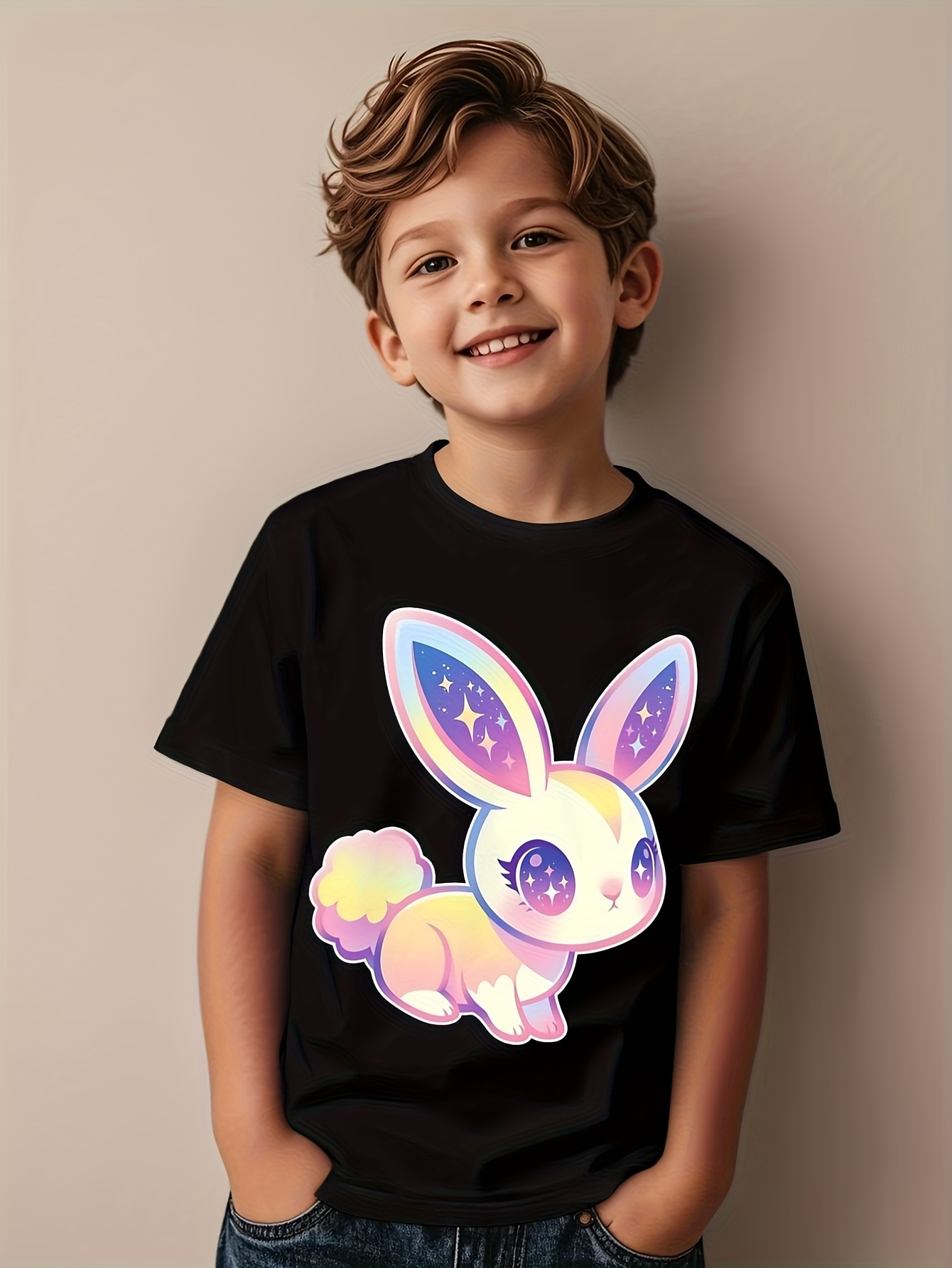Men's Graphic T-Shirt Pastel Galaxy Patterned Bunny With Starry Eyes On Black Shirt Rabbit